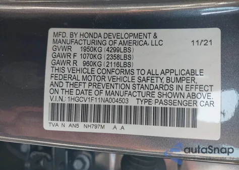 2022 Honda Accord Lx из США, поврежденный, VIN 1HGCV1F11NA004503